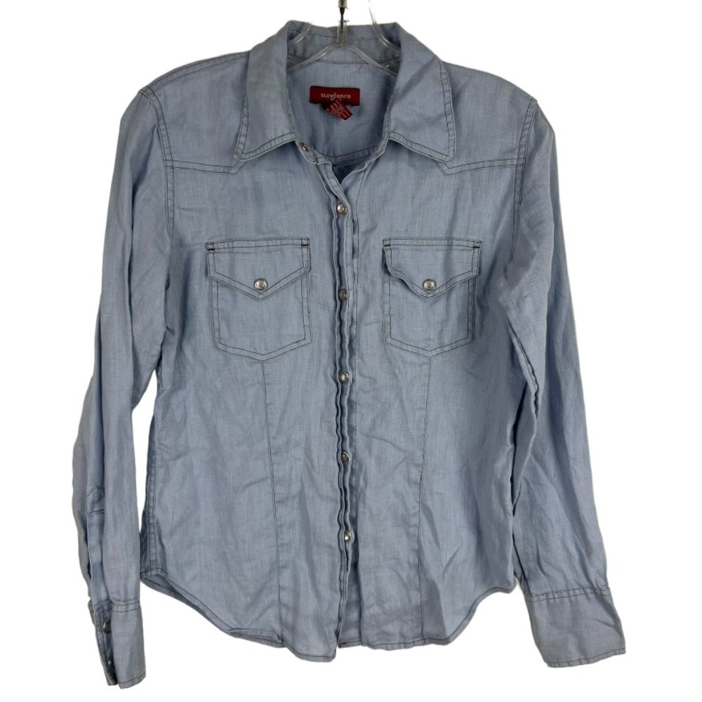 Sundance 100% Linen western shirt pearl snap blue Sz 4 long sleeve S Rodeo